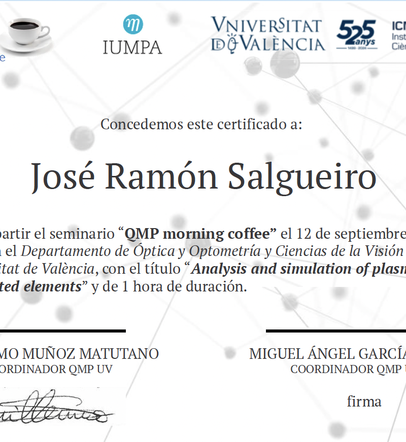 José Ramón Salgueiro (Engineering physics group – Universidad de Vigo (UVigo)) visits the Estructuras Fotónicas no lineales gruop of the Universitat de València (UV)